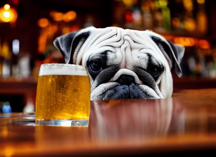 Prompt: a closeup, 4 5 mm, detailed photograph of a english bulldog drinking a beer on a bar - stool, sitting at a bar on a bar - stool, beautiful low light, 4 5 mm, by franz lanting