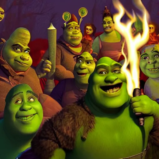 Image similar to shrek scene with the angry mob with pitch forks and torches, indian chad male with lush beard playing as shrek, followed by an angry mob with torches, digital art, 2 d art