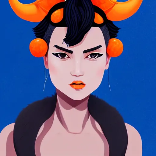 Image similar to illustrated portrait of ram-horned devil woman with blue bob hairstyle and her tangerine colored skin and with solid black eyes wearing leather by rossdraws