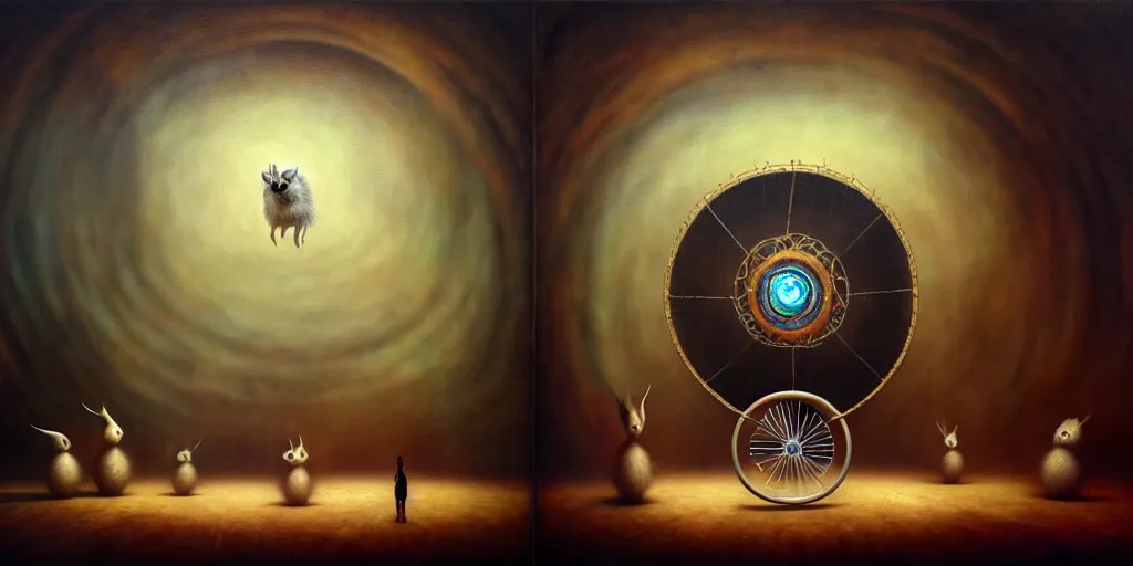 Image similar to trapped on the hedonic treadmill like a hamster on a wheel, ixion's wheel, uncanny, dark surreal oil painting by ronny khalil, shaun tan, and leonora carrington