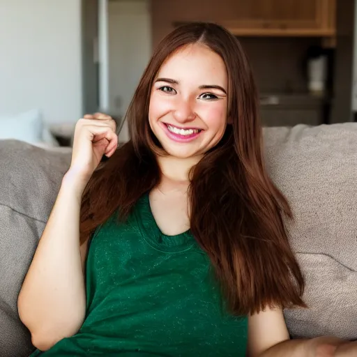 Image similar to a cute young woman smiling, long shiny bronze brown hair, full round face, emerald green eyes, medium skin tone, light cute freckles, smiling softly, wearing casual clothing, relaxing on a modern couch, interior lighting, cozy living room background, medium shot, mid-shot, soft focus