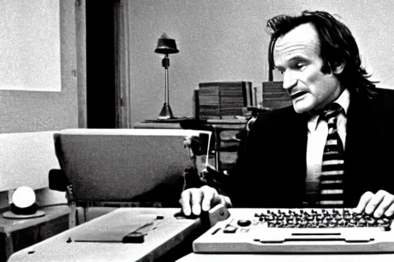 Image similar to Robin Williams as Jack Torrance sitting at desk using typewriter in The Shining 1980