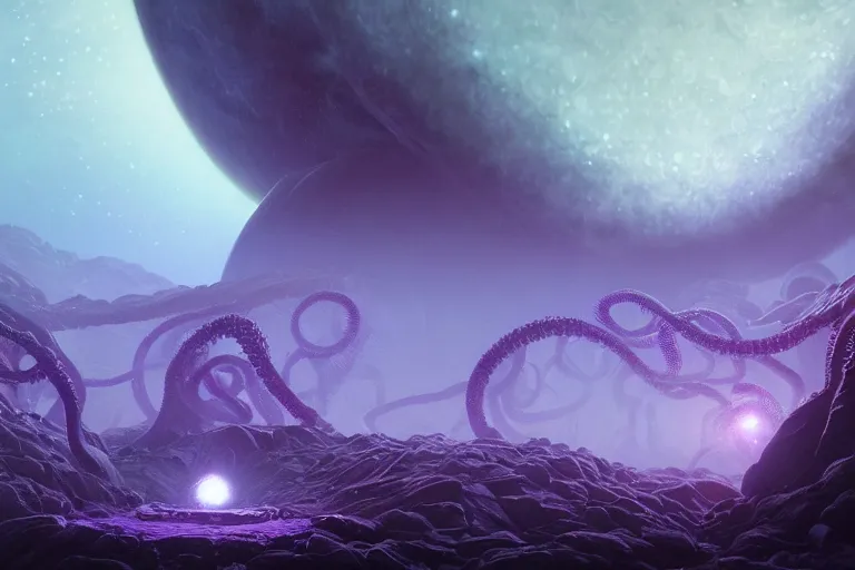 Prompt: A telescope image of an Eldritch Organic Planet of The Void made of eyeballs and tentacles, Purple and Blue colored, 4k, masterpiece, cinematic, glowing, by Greg Rutkowski, Trending on Artstation, Behance. Polished, Planetary, Volumetric Lighting