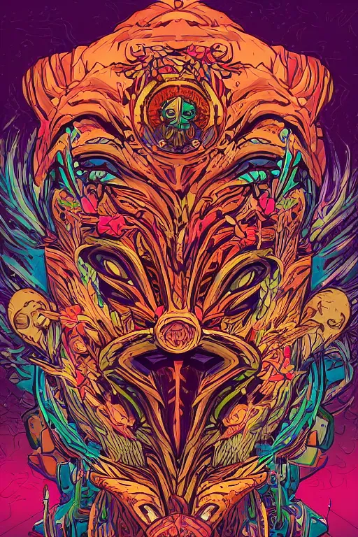 Prompt: animal mask totem roots flower tribal feather gemstone plant wood rock shaman vodoo video game vector illustration vivid multicolor borderlands comics by josan gonzales and dan mumford radiating a glowing aura