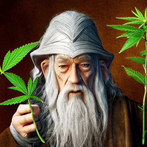 Image similar to Gandalf from the hobbit holding a marijuana plant, amazing digital art, trending on artstation, highly detailed