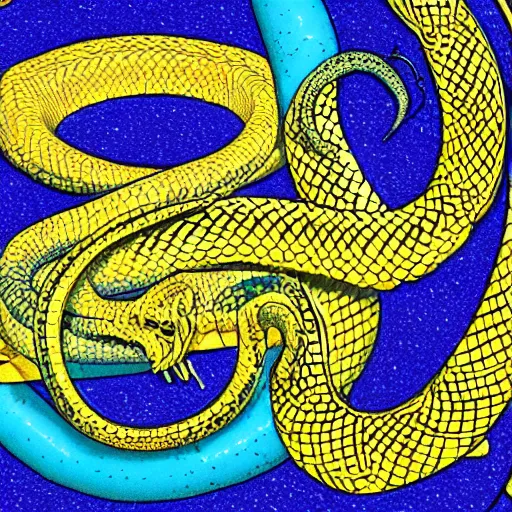 Image similar to a snake biting itself in the center of a tarot card with intricate details in the frames, symmetry, golden ratio, arab letters, colors: yellow, blue, violet, red, green, 4k, high quality render.