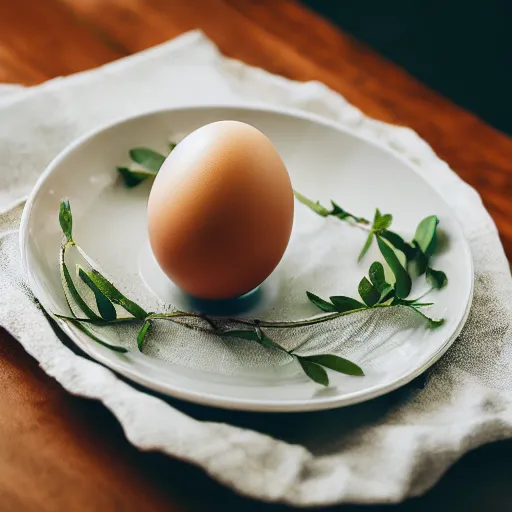 Image similar to a photograph of an egg, sitting on top a table, there is a table cloth with an ornate pattern. minimalistic,