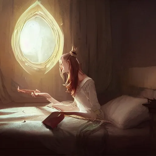 Prompt: A young female wizard, accidentally casting her first spell while practicing in bed, magic crackling from her fingertips, fantasy art by Greg Rutkowski