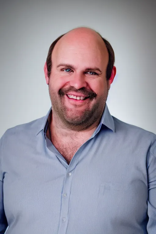 Image similar to full body color photograph of a balding, middle aged, slightly fat, brown haired, hairy, blue eyed, round faced, short white man who has a slightly large belly and thick legs, dressed in a white shirt, grey pants and black dress shoes, smiling at the camera with perfect, straight white teeth, full body portrait, head to toe