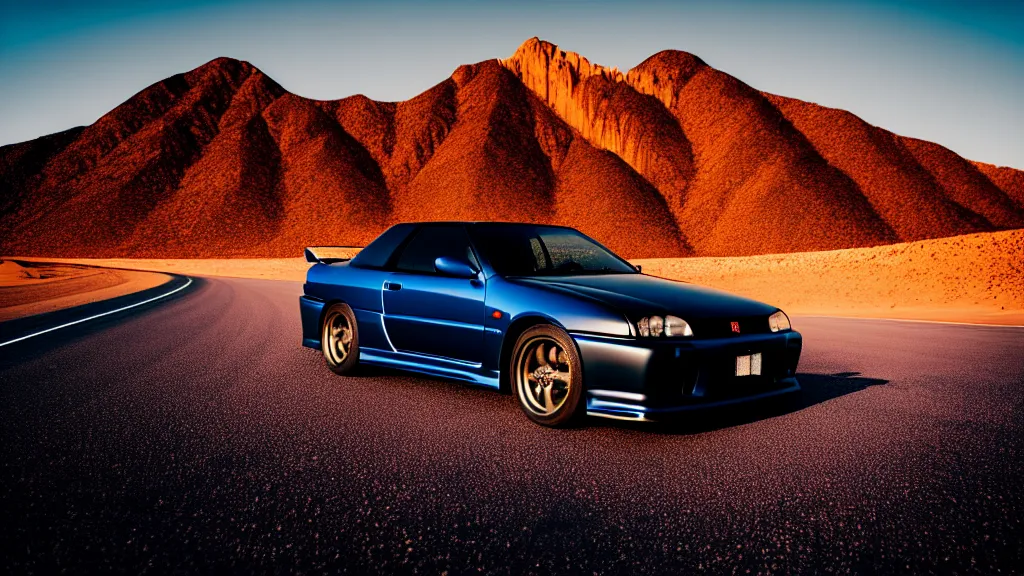 Image similar to three quarter front photo of a stock dark grey nissan r 3 2 skyline gtr on a road in a desert with a mountain in the background in the early morning, car photography, zoom lens, blue hour, photorealistic