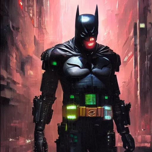 Prompt: cyberpunk batman, brush strokes, oil painting, greg rutkowski