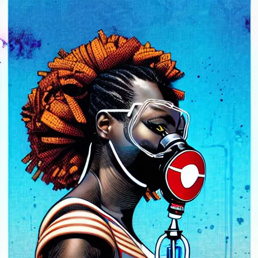 Image similar to a profile photo of a african woman with a diving oxygen mask with side profile blood in ocean intricate details by MARVEL comics and Sandra Chevrier-C