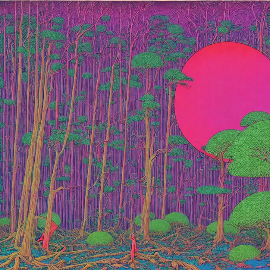 Prompt: ( ( ( ( ( forest on a mysterious planet ) ) ) ) ) by mœbius!!!!!!!!!!!!!!!!!!!!!!!!!!!, colorful, record jacket