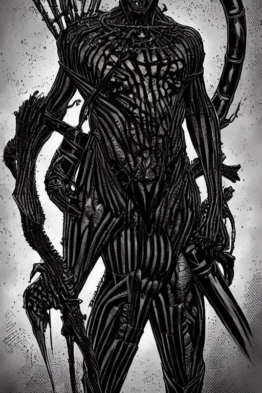 Image similar to A full body portrait of a new antihero character art by Marc Silvestri, Cedric Peyravernay and H.R. Giger, ominous, mysterious,