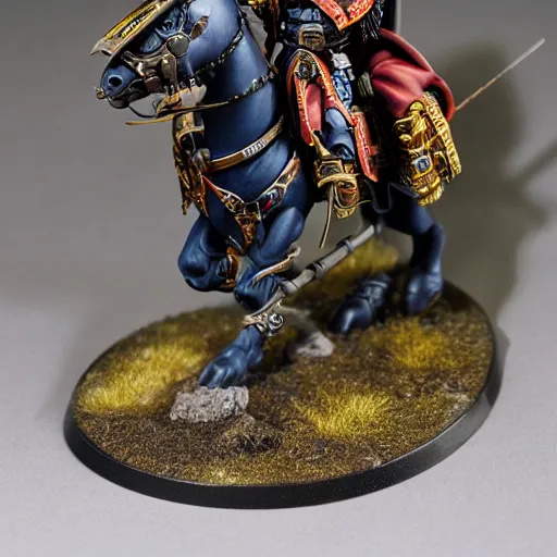 Image similar to 8 0 mm resin detailed miniature of a warhammer 4 0 k space marine riding a horse, product introduction photos, 4 k, full body, hyper detailed,