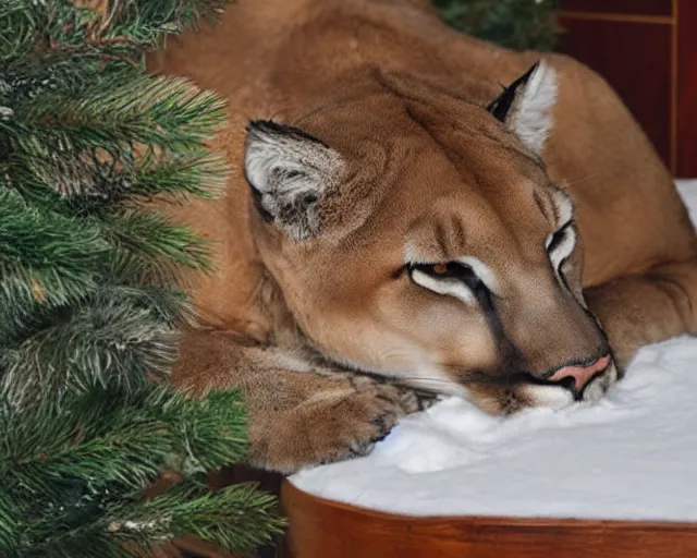 Image similar to stamp book showing 'a cougar sleeping in the middle of snowy pine tree' laying on coffee table, zoomed out shot, HD, iphone capture