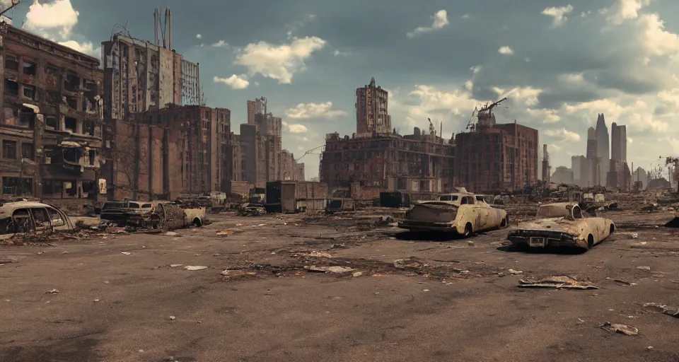 Image similar to wide angle shot of dilapidated fallout 5 new york city in real life, desolate with zombirs, dilapidated, empty streets, nightmarish, some rusted retro futuristic fallout vintage style parked vehicles, sunny weather, few clouds, volumetric lighting, photorealistic, daytime, autumn, sharp focus, ultra detailed, cgsociety