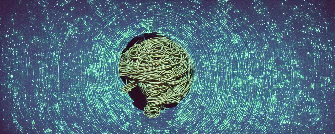 Prompt: an alien species made of spaghetti looking at earth from space, canon 5 0 mm, cinematic lighting, photography, retro, film, kodachrome