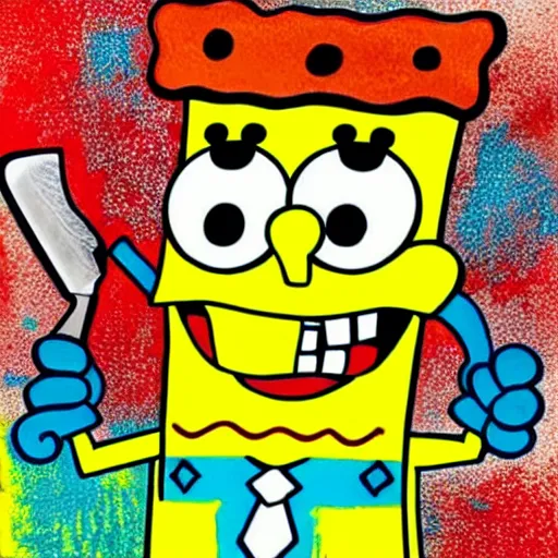 Prompt: spongebob squarepants cartoon character holding a kitchen knife, childish crayon art