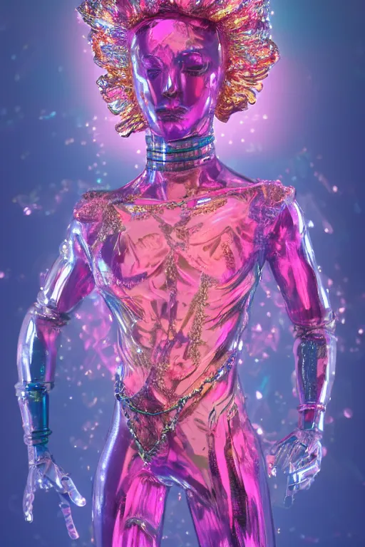 Image similar to hyper detailed ultra sharp fullbody photo of baroque and cyberpunk transparent pink gem sculpture of a muscular seductive young latino feeling muy cachondo, muy dotado, iridescent humanoid deity wearing pink plastic seethrough cloak, holding a rainbow tiger gem, blue diamond, glowing pink face, crown of white diamonds, cinematic lighting, photorealistic, octane render 8 k