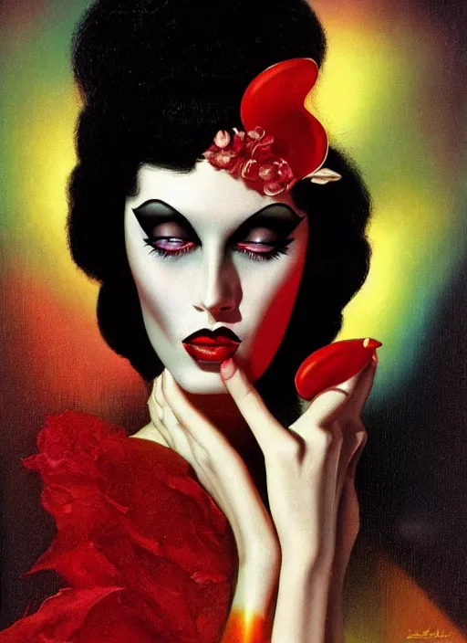 Image similar to an 8 0 s portrait of a woman with dark eye - shadow and red lips with dark slicked back hair dreaming acid - fueled hallucinations by serge lutens, rolf armstrong, delphin enjolras, peter elson