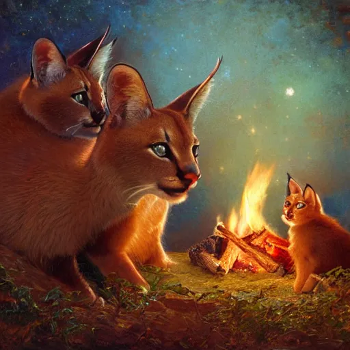 Image similar to three cute caracals wearing red bows, campfire, night, atmospheric lighting, intricate, volumetric lighting, digital art, highly detailed by gaston bussiere, craig mullins, j. c. leyendecker 8 k