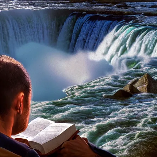 Image similar to highly detailed concept art of award winning cinematic still of close up of man reading the Bible at Niagara falls, waterfalls, colorful sunset, epic, cinematic lighting, dramatic angle, heartwarming drama directed by Steven Spielberg,