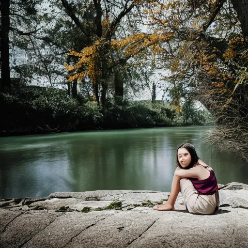 Image similar to Young woman by the river, XF IQ4, f/1.4, ISO 200, 1/160s, 8K, RAW, unedited, sharp focus, symmetrical balance, in-frame