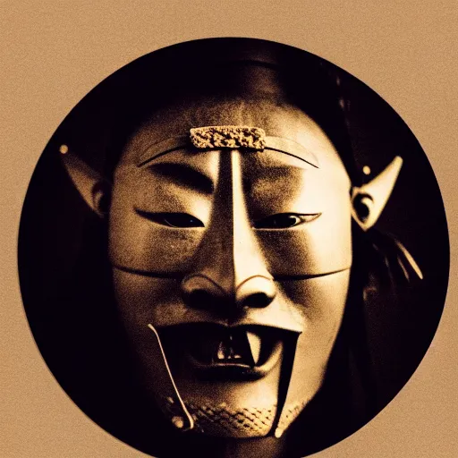 Prompt: a potrait of a samurai warrior taken in 1 6 3 0, in a circle, kodak 4 0 0, nft style, facing sideways, wearing an oni mask, grain, scretch, high quality, 8 k, photorealistic, real, old photo style