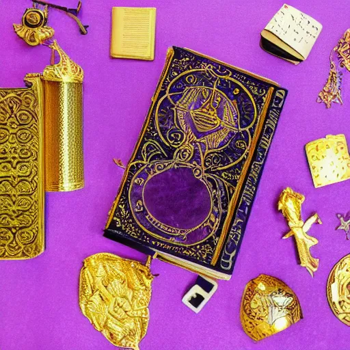 Image similar to a purple spell book with ornate filagree of imbued metal and gold sitting on top of a cloud with a space background