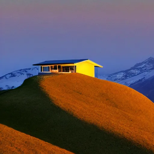 Image similar to minimalistic house on a tall mountain during the sunset, bright colors, soft colors, washed out colors, devianart, 8k,