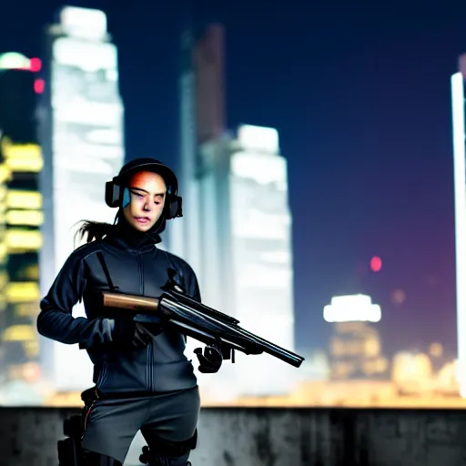 Image similar to photographic portrait of a techwear woman holding a shotgun, closeup, on the rooftop of a futuristic city at night, sigma 85mm f/1.4, 4k, depth of field, high resolution, full color, Die Hard, movies with guns, movie firearms