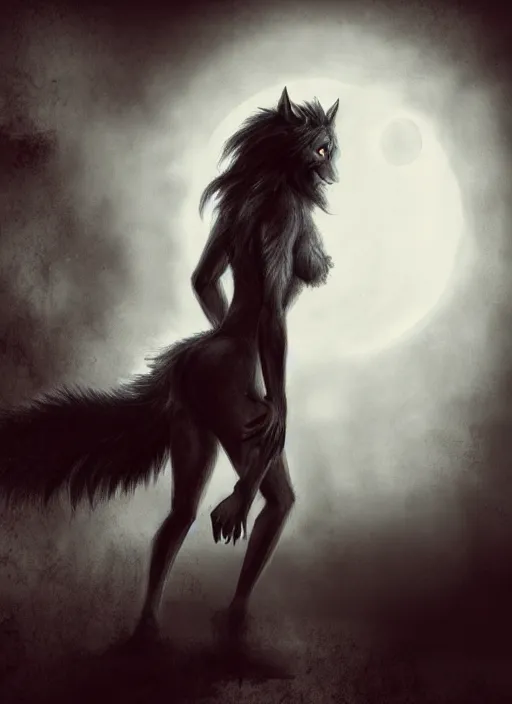 Image similar to werewolf girl in a dark bedroom, anthro, fierce, creepy