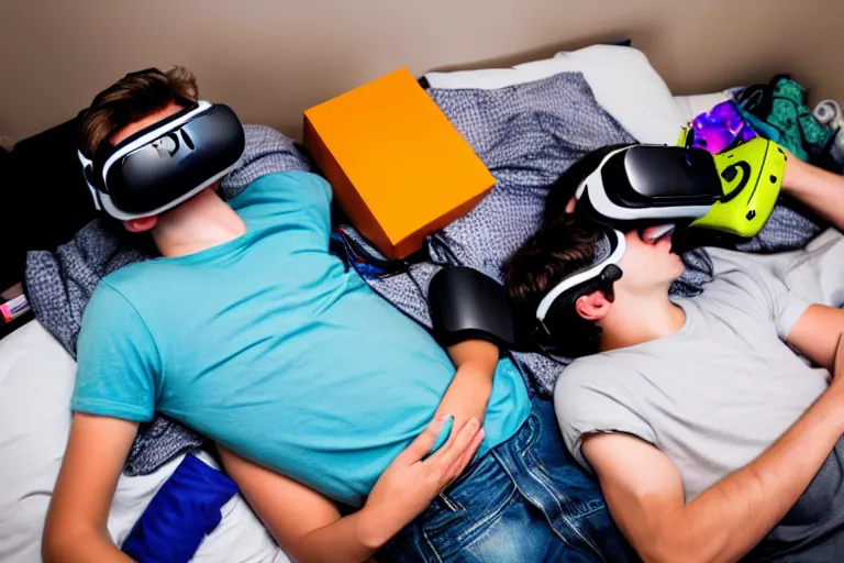 Prompt: An aerial stock photo of two teenage boys laying in bed, with a bunch of stuff, wearing a VR-headset, featured on flickr, cluttered room