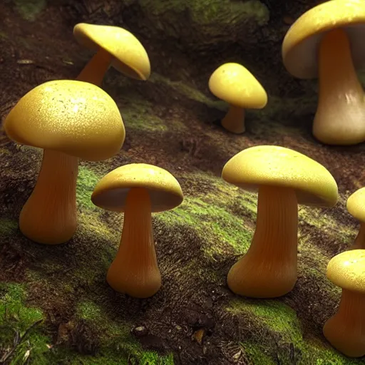 Prompt: backlit golden teacher mushroom dropping spores in the woods soil, unreal engine, closeup