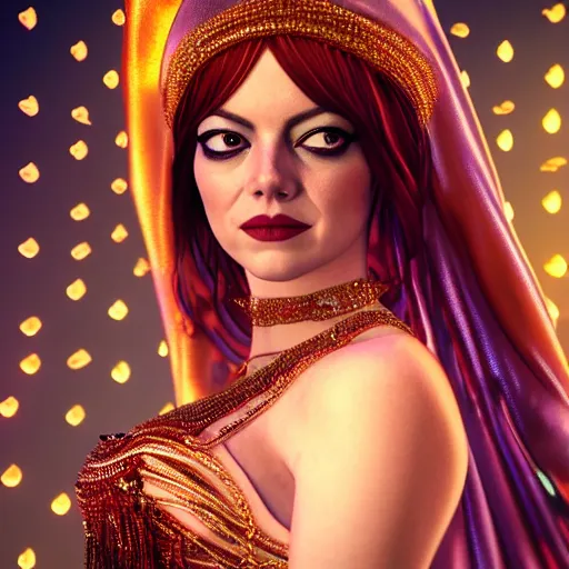 Image similar to a photorealistic portrait of actress emma stone dressed as a belly dancer, arabian night, volumetric lightening, octane render, high quality, fully detailed, 4 k, in focus sharp face with fine details, inspired by belly dancer on youtube, alphonse mucha, masterpiece, stunning
