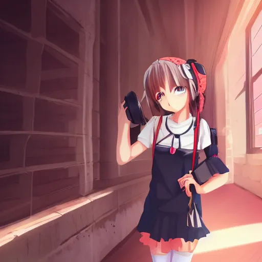 Image similar to cute anime girl looking around a corner with a camera, cute, sweet, anime style, detailed, god rays, 4 k