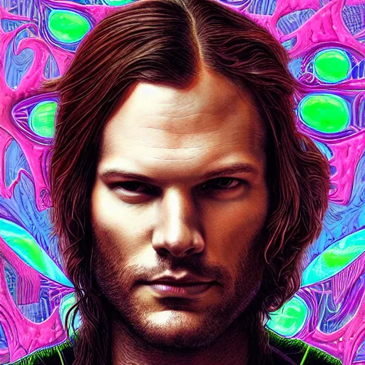 Image similar to portrait of jared padalecki, hyper detailed masterpiece, neon floral pattern, jean giraud, digital art painting, darkwave goth aesthetic, psychedelic, artgerm, donato giancola and tom bagshaw