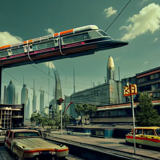 Prompt: in an atompunk city with a monorail, highly detailed, 4k, HDR, award-winning, artstation, octane render