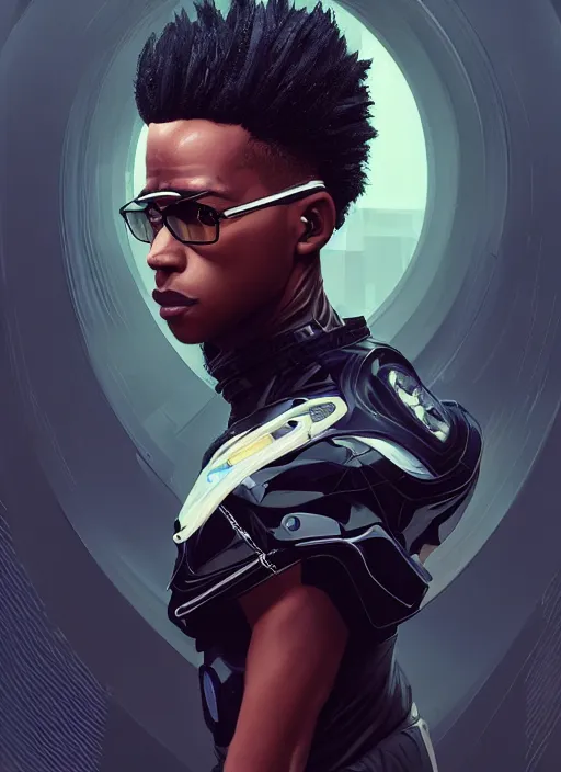 Image similar to portrait of a young black man with a mohawk and solid black irises, wearing futuristic techwear highly detailed, angular jawline, digital painting, artstation, concept art, smooth, sharp focus, illustration, art by wlop, uang guangjian and gil elvgren and sachin teng and greg rutkowski