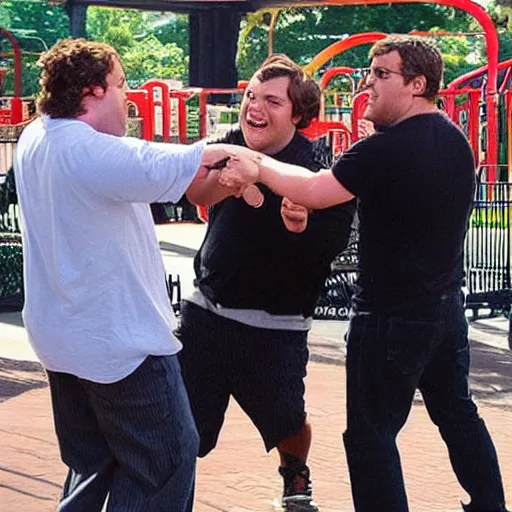 Image similar to “ jack black fistfighting jonah hill at six flags ”