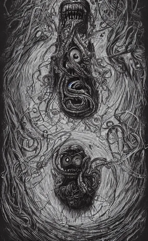 Prompt: portrait of lovecraftian elmo, surrounded by beams of light dark background by wayne barlow, stanley donwood, anton semenov, zdzislaw bekinski, hr giger, 8 k, fantasy, dark, highly detailed