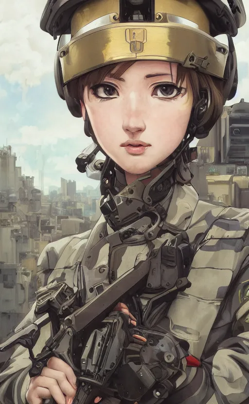 Image similar to portrait of mechanized soldier girl, anime style, urban in background, soldier clothing, combat helmet, short hair, hair down, symmetrical facial features, from arknights, hyper realistic, 4 k, rule of thirds, extreme detail, detailed drawing, trending artstation, hd, d & d, realistic lighting, by alphonse mucha, greg rutkowski
