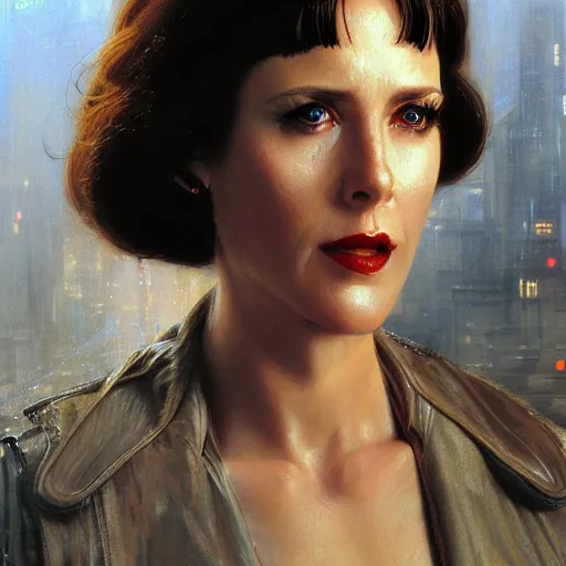 Image similar to an portrait of an happy female replicant from blade runner, detailed, centered, digital painting, artstation, concept art, donato giancola, Joseph Christian Leyendecker, WLOP, Boris Vallejo, Breathtaking, 8k resolution, extremely detailed, beautiful, establishing shot, artistic, hyperrealistic, beautiful face, octane render