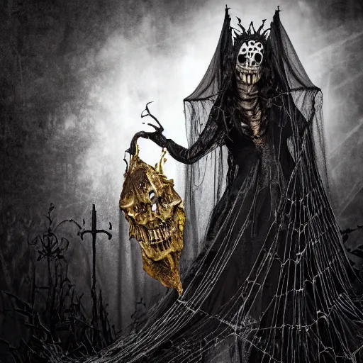 Prompt: ultra realistic, death embrace creepy halloweenaqueen with beautiful gold crown from skeletal bones, veil, halo, with a cloak made of symbiote venom, spider webs, spooky castle, dark horrorforest, moondust, Demonic Energy, cinematic, dramatic lighting, dark, Satanic horror, artstation, extremly detailed, insanely detailed and intricate, high detail, by art of sickness 666, 4k post-processing, 8k ultra had resolution, by Grymm and Nekro XIII