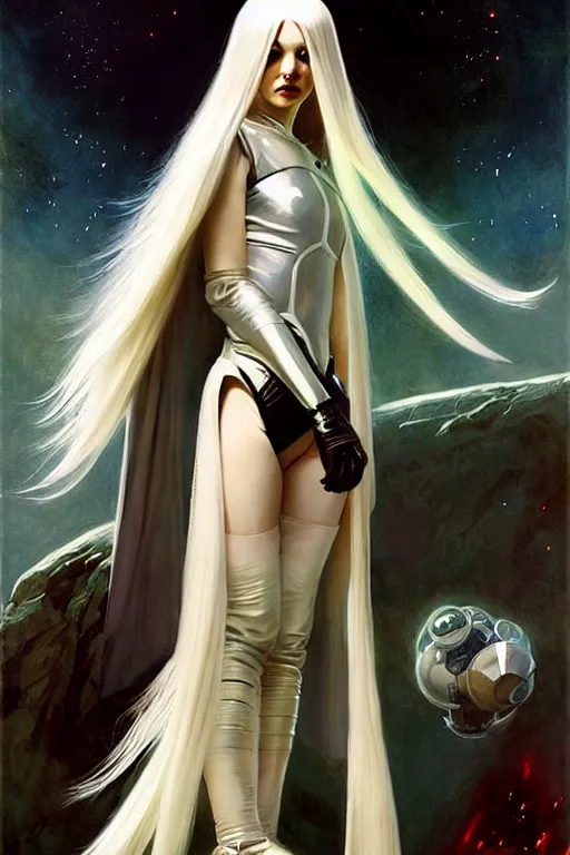 Prompt: pulp scifi fantasy illustration full body android girl, very long white hair, cape, futuristic design, crafting, diy, by norman rockwell, roberto ferri, daniel gerhartz, edd cartier, jack kirby, howard brown, ruan jia, tom lovell, jacob collins, dean cornwell, astounding stories, amazing, fantasy, other worlds
