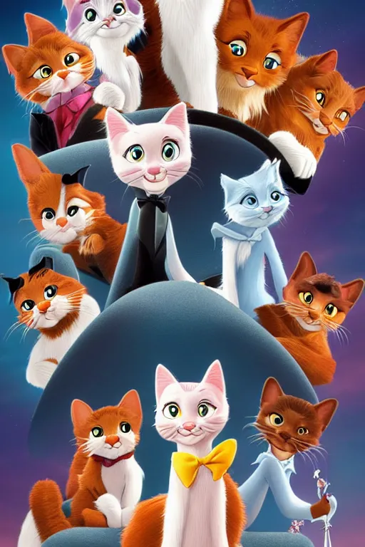 Image similar to aristocats movie poster, cgi, cinema, realistic, cats, disney film