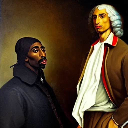 Prompt: a classical portrait of tupac shakur hanging out with sir isaac newton