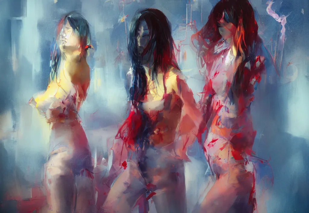 Prompt: full body portrait of a duo of 1 9 years old girl figures, messy hair, oriental tattoos, jewelry, subjects wearing savile row menswear, beautiful, dramatic, cinematic lighting, phtalo blue, lemon, fire red, few vivid pink highlights, visible brushstrokes, by ross tran and jeremy mann and guweiz, oil on canvas, artstation, pixiv