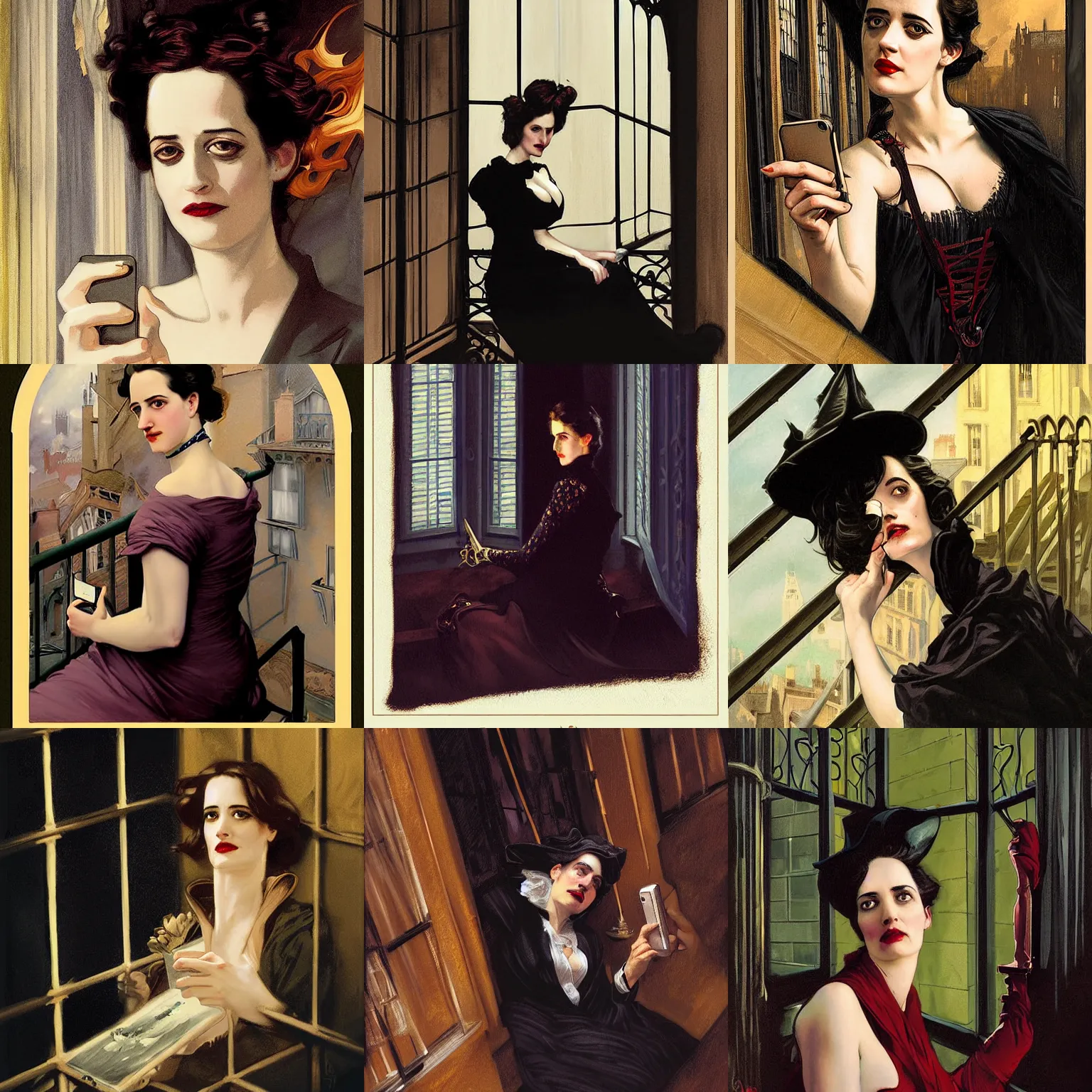 Prompt: character portrait of eva green sitting down on a fire escape taking a selfie in gothic london, gothic, john singer sargent, muted colors, moody colors, illustration, digital illustration, amazing values, art by j. c. leyendecker, joseph christian leyendecker, william - adolphe bouguerea, graphic style, dramatic lighting, gothic lighting